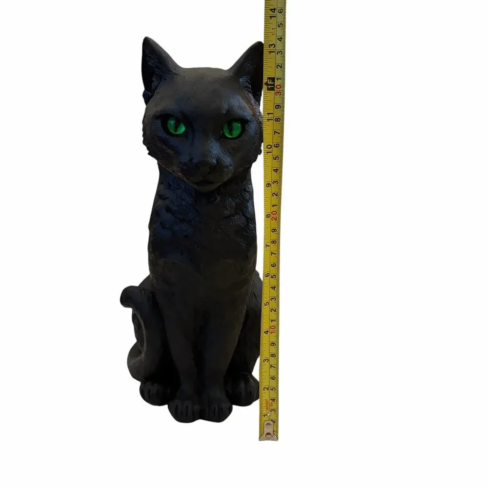 Gothic Black Cat Figurine w/ Piercing Green Eyes 13in Spooky Halloween Decor NEW